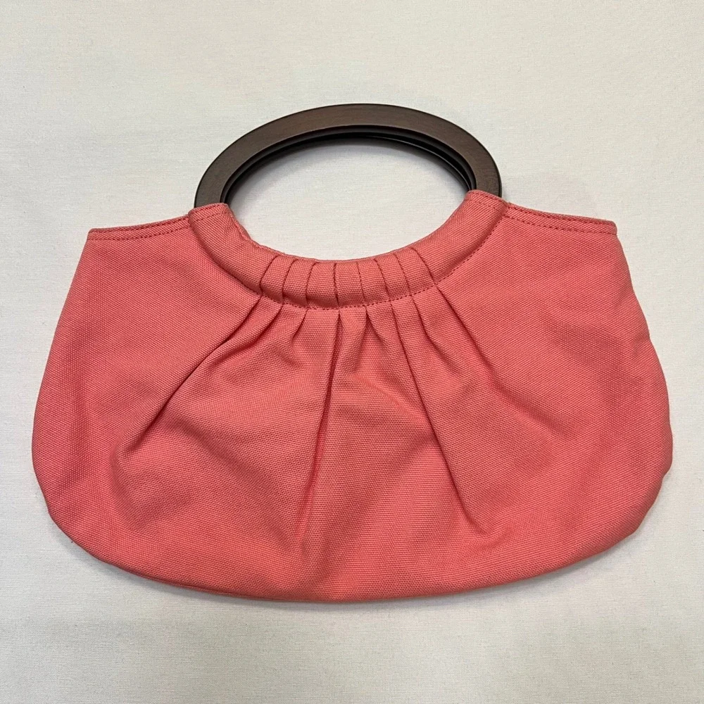Ann Taylor Loft Coral Canvas Pleated Wood Handle Satchel Handbag Summer Purse